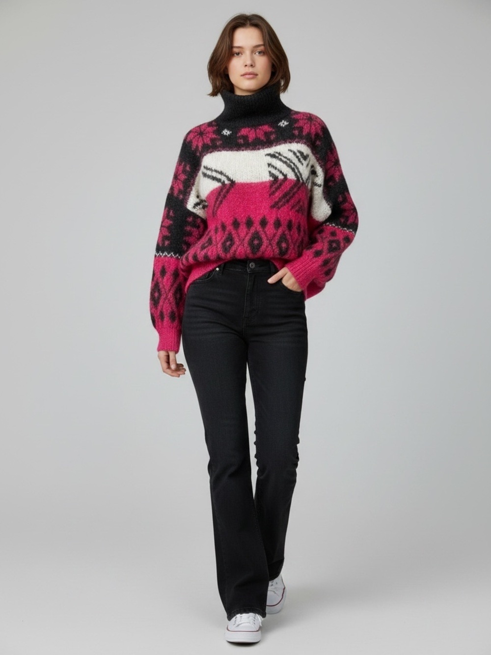 Handmade Knit Wool Sweater Fair Isle Cropped Mock Neck Black White Pink S/M